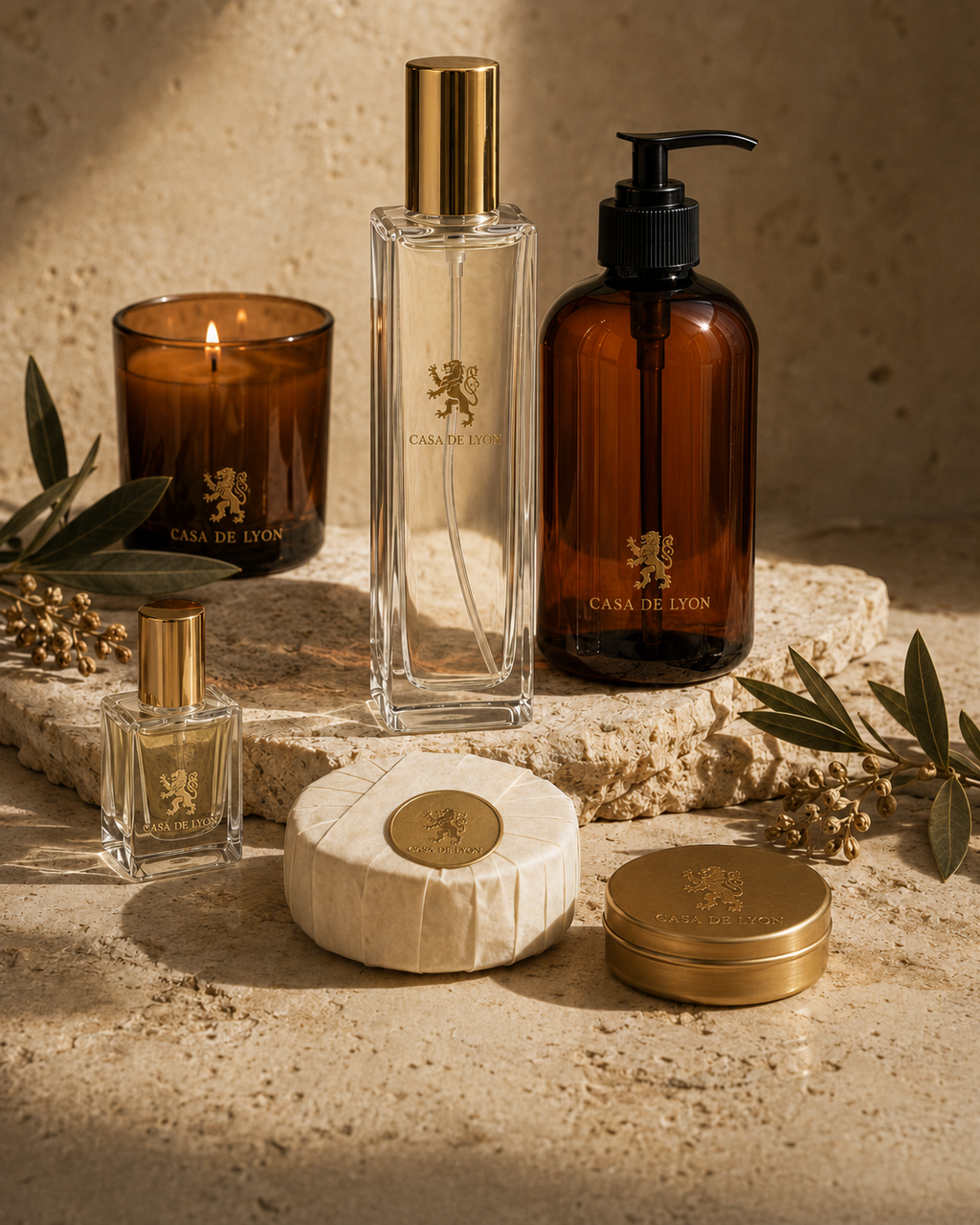 Branded Casa de Lyon body, bath, fragrance, and home products arranged on warm limestone