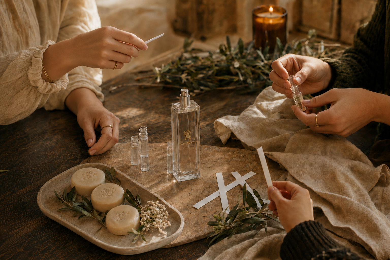 Friends gathered around a table exploring Casa de Lyon fragrance and soaps